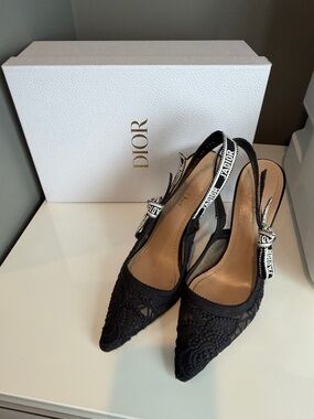 Dior Black Lace Slingback Pumps with J'Adior Ribbon